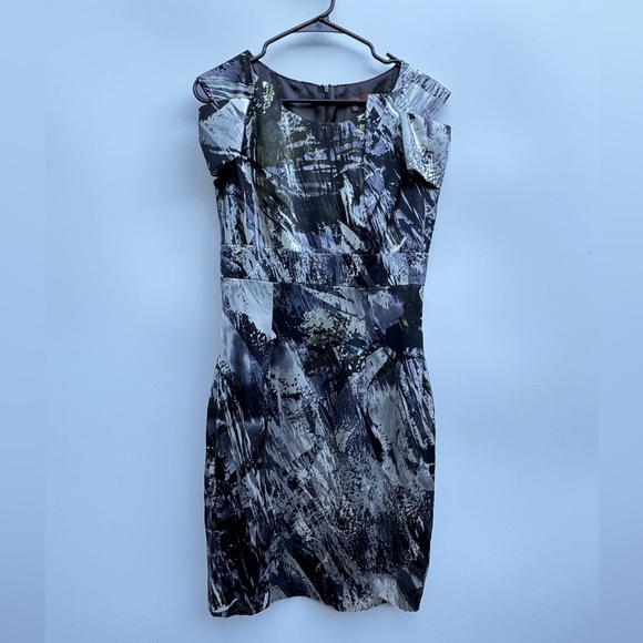 Single 100% Silk Grey Black White Splatter Abstract Palm Shift Pencil Dress 8 - Picture 1 of 16